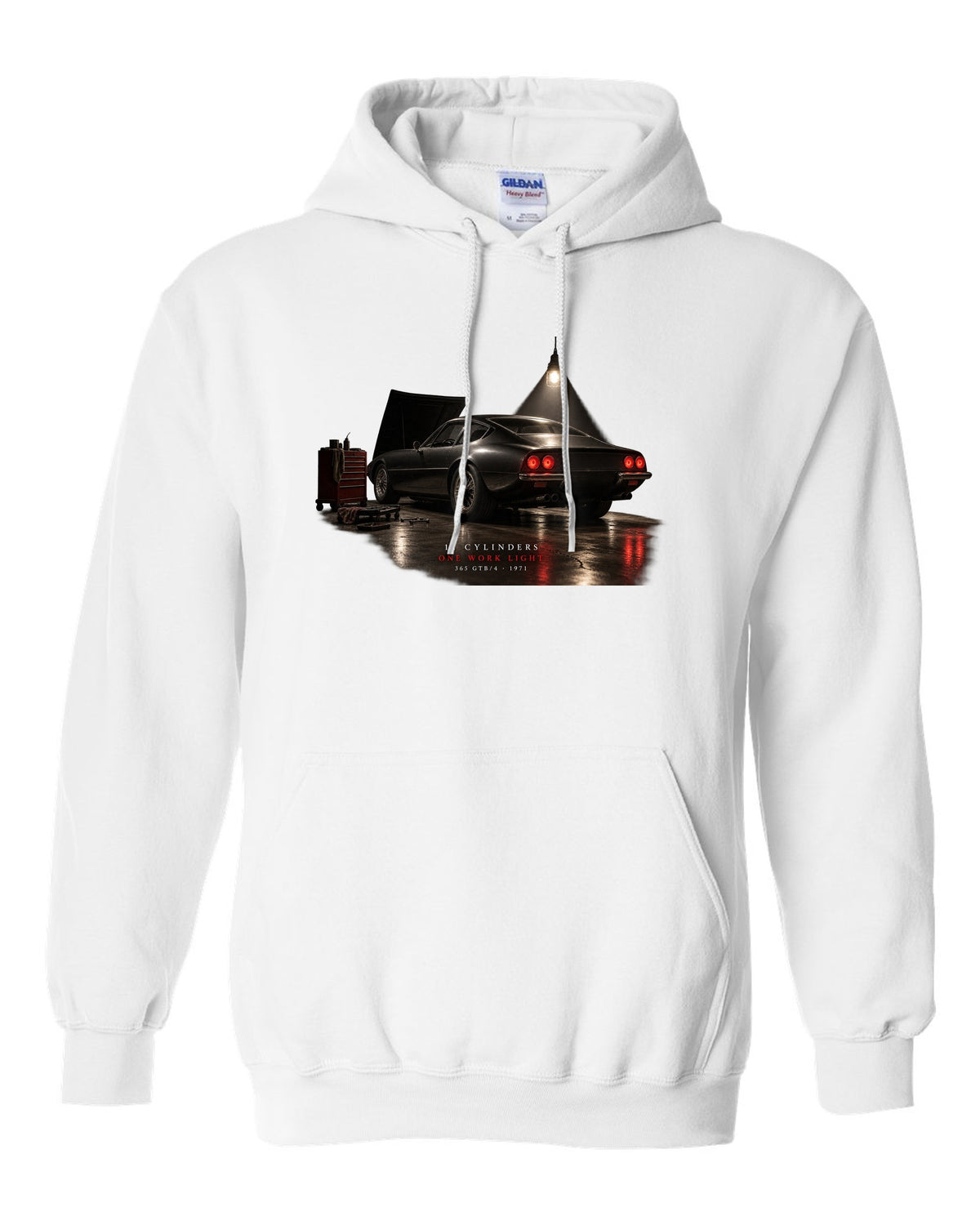 Ferrari 365 GTB/4 Daytona 1971 rear three-quarter garage night print, one work light white pull over hoodie front view with the design