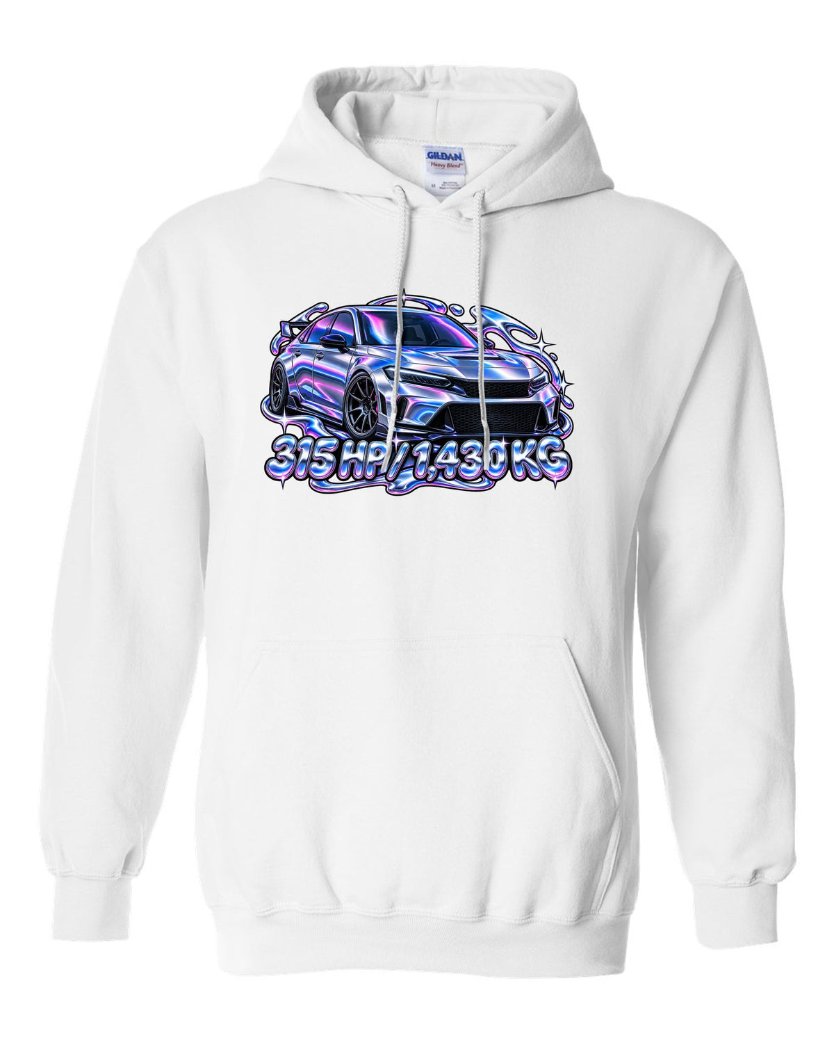 Y2K chrome gradient print of a Honda Civic Type R FL5 with 315 HP and 1,430 KG text white pull over hoodie front view with the design