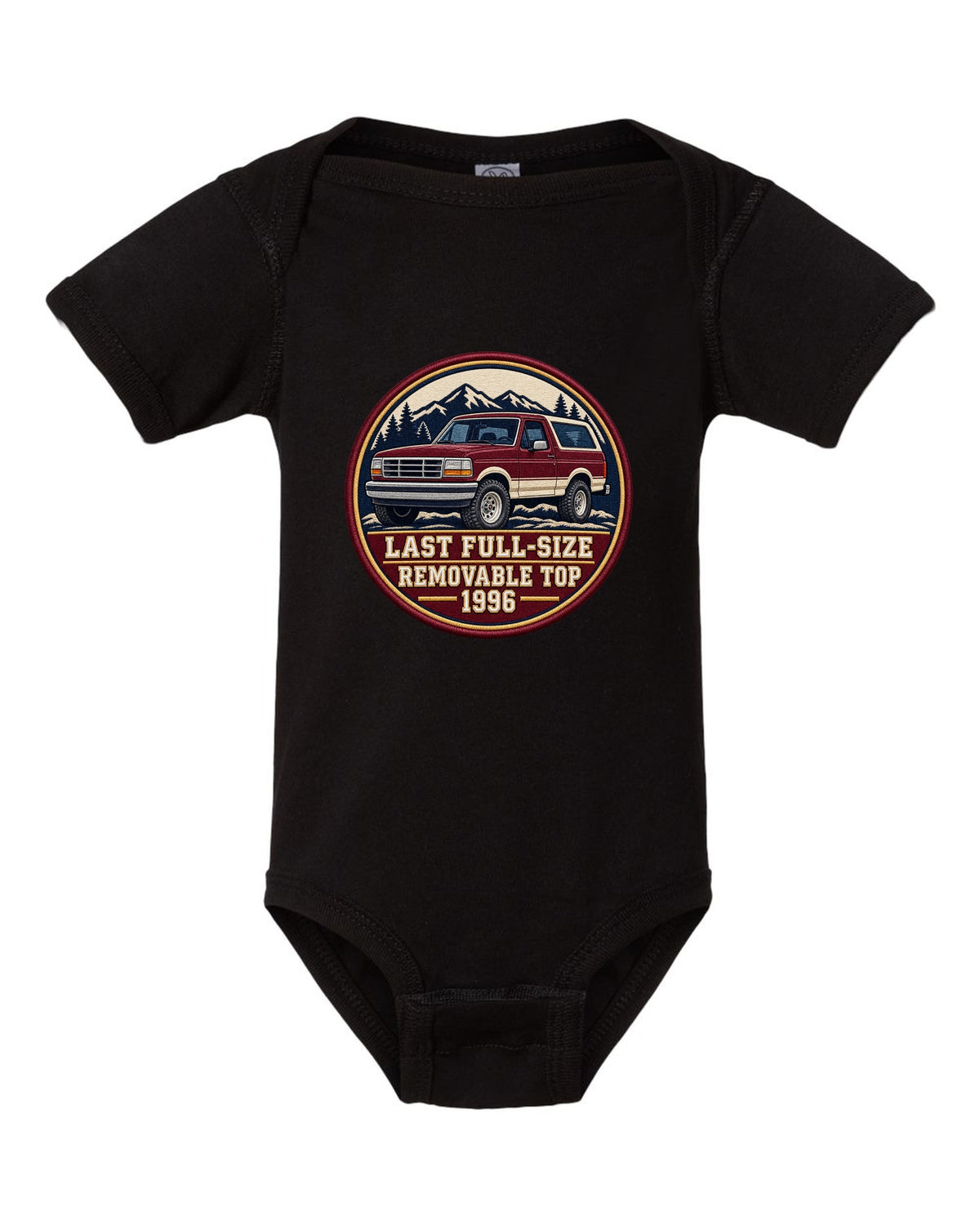 Round varsity crest print for a 1992-96 Ford Bronco OBS with removable top text black baby onesie front view with the design