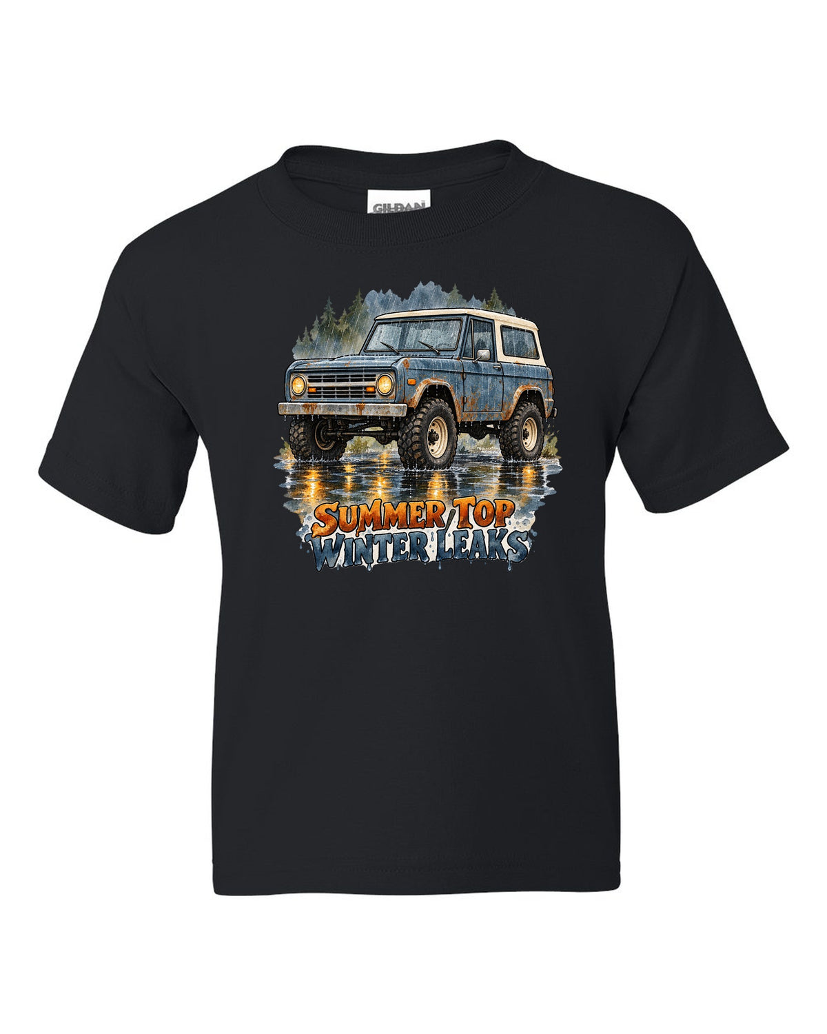 Watercolour wash print of a 1969 first-generation Chevrolet K5 Blazer with summer top winter leaks text black kids tee front view with the design