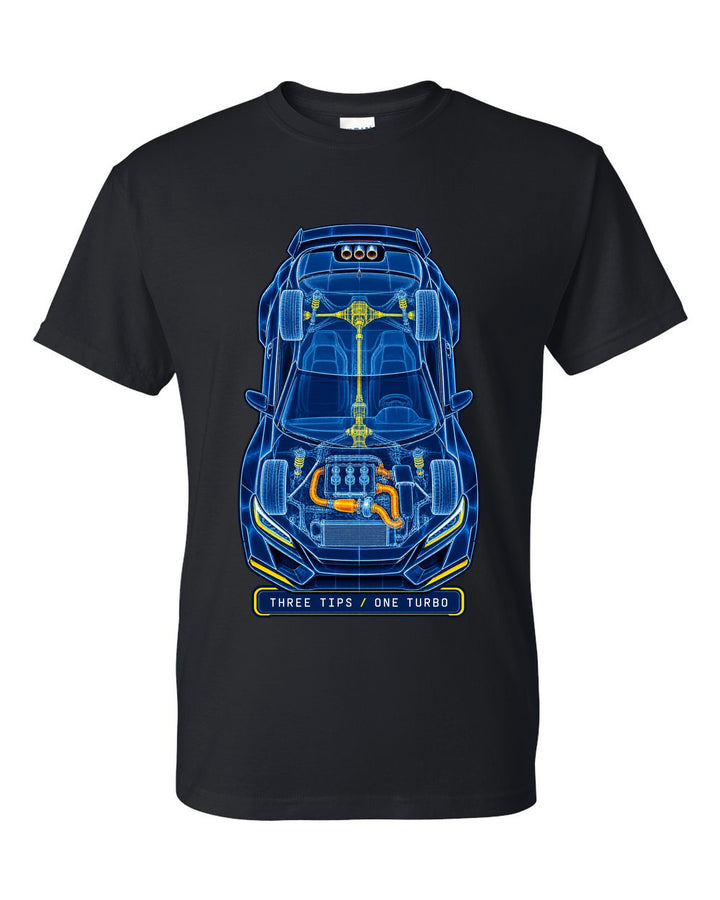 Cyanotype blueprint top view of a Toyota GR Corolla with Three Tips One Turbo lettering black t-shirt front view with the design