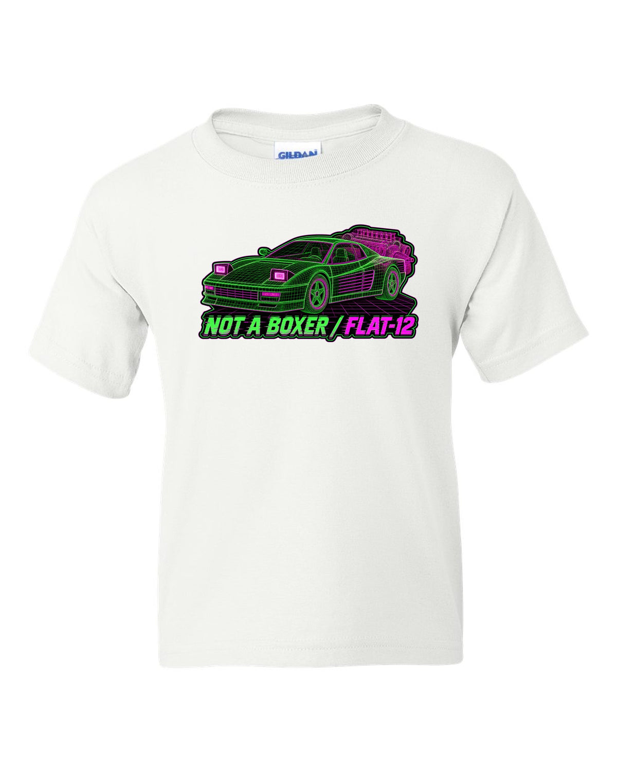 Wireframe mesh print of the Ferrari Testarossa F110 with the text not a boxer, flat-12 white kids tee front view with the design