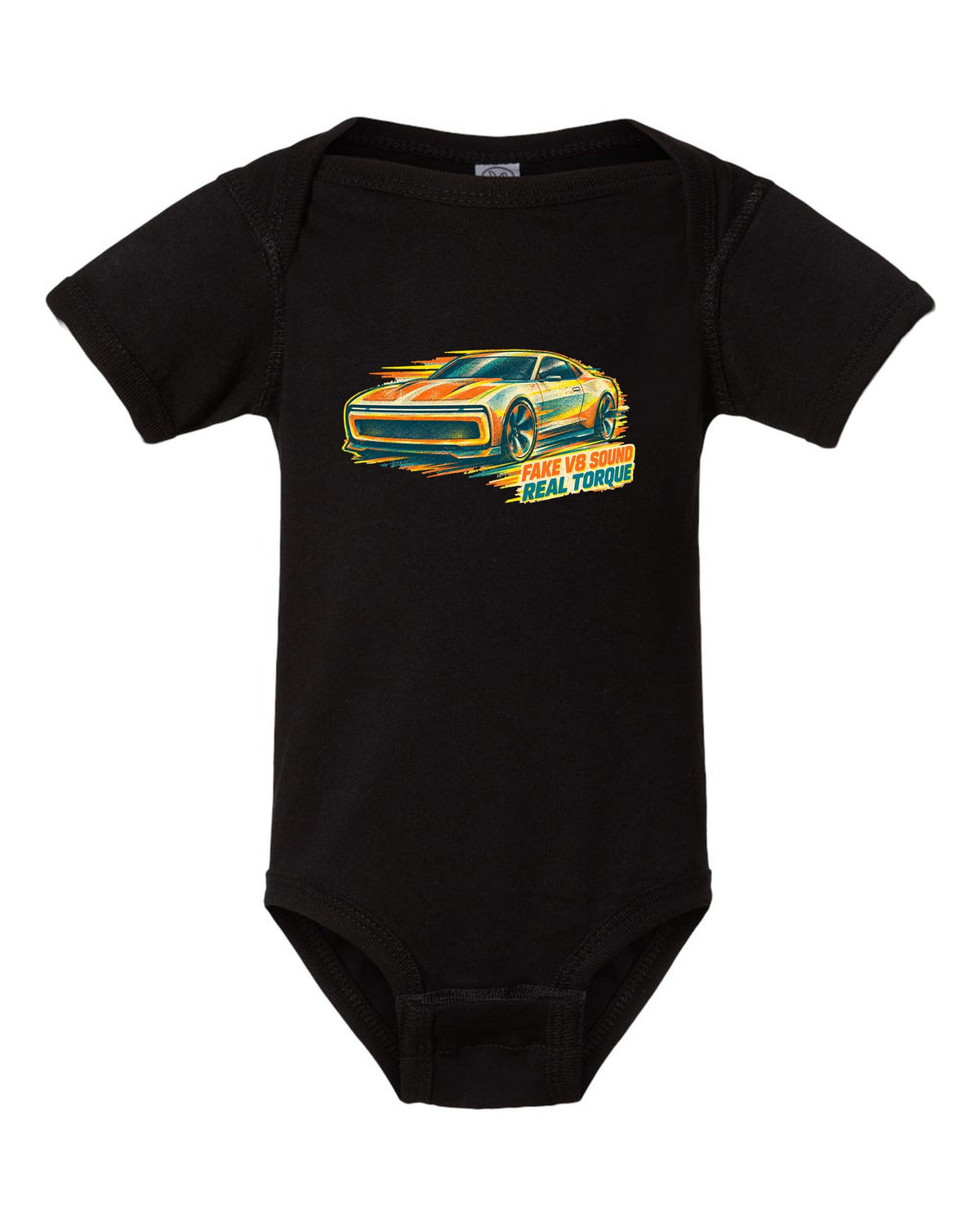 Risograph duotone illustration of a 2024 Dodge Charger Daytona EV black baby onesie front view with the design