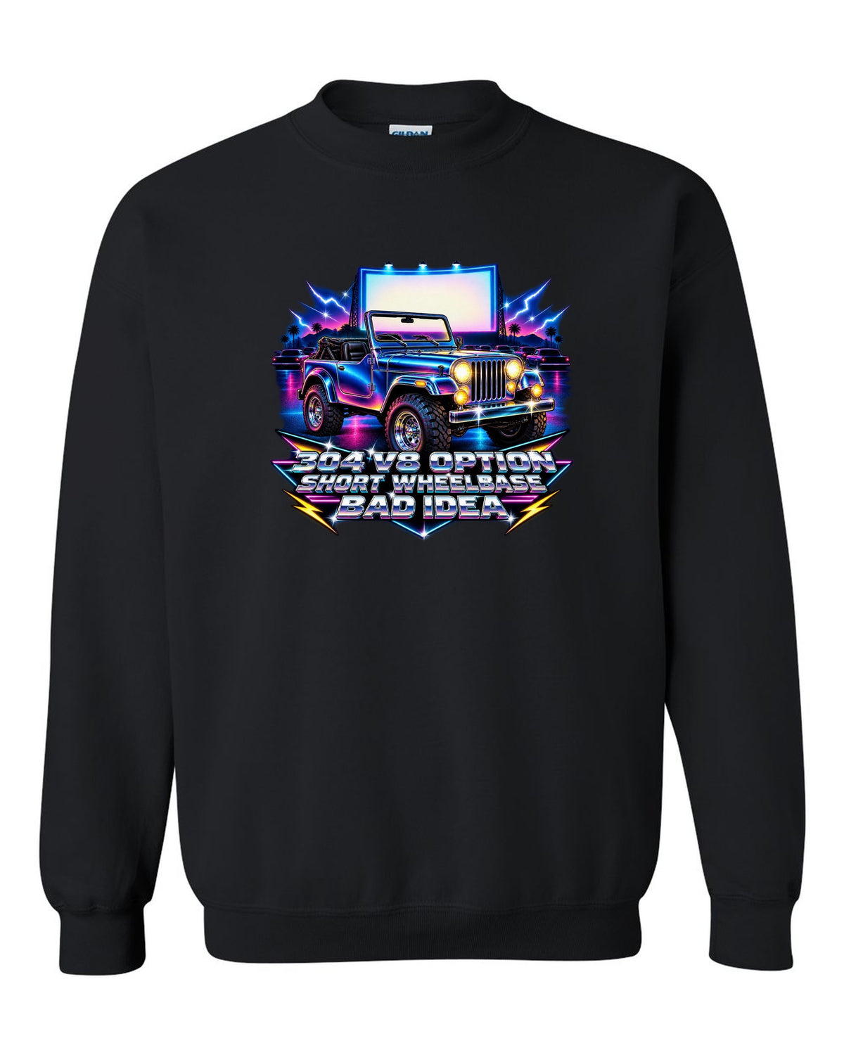 80s airbrush chrome print of a Jeep CJ-5 with 304 V8 option text black crewneck front view with the design