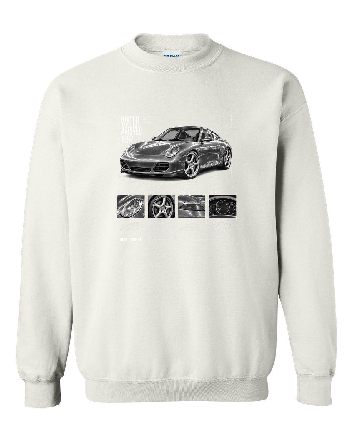 Dossier panel print of a Porsche 911 Carrera 4S (996) with the heading Water Arrived 1997 white crewneck front view with the design