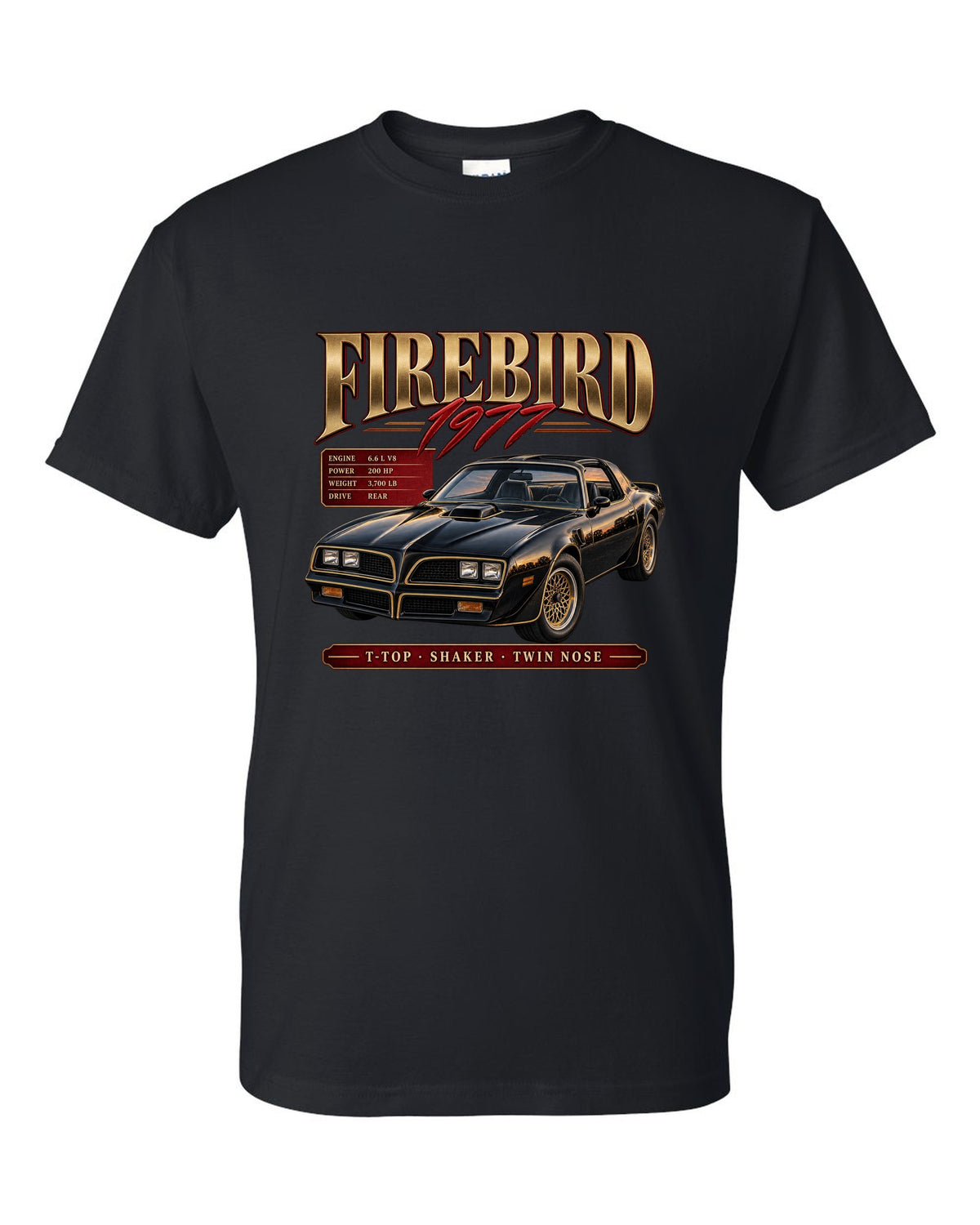 print archive panel of a 1977 Pontiac Firebird T-top with shaker and twin nose lettering black t-shirt front view with the design