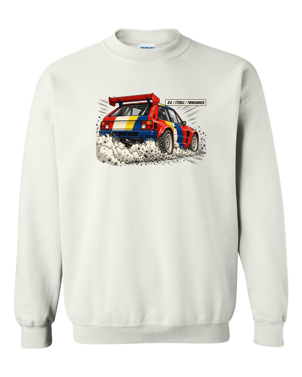 Retro manga halftone panel of the rear of a Lancia Delta S4 with twincharged lettering white crewneck front view with the design