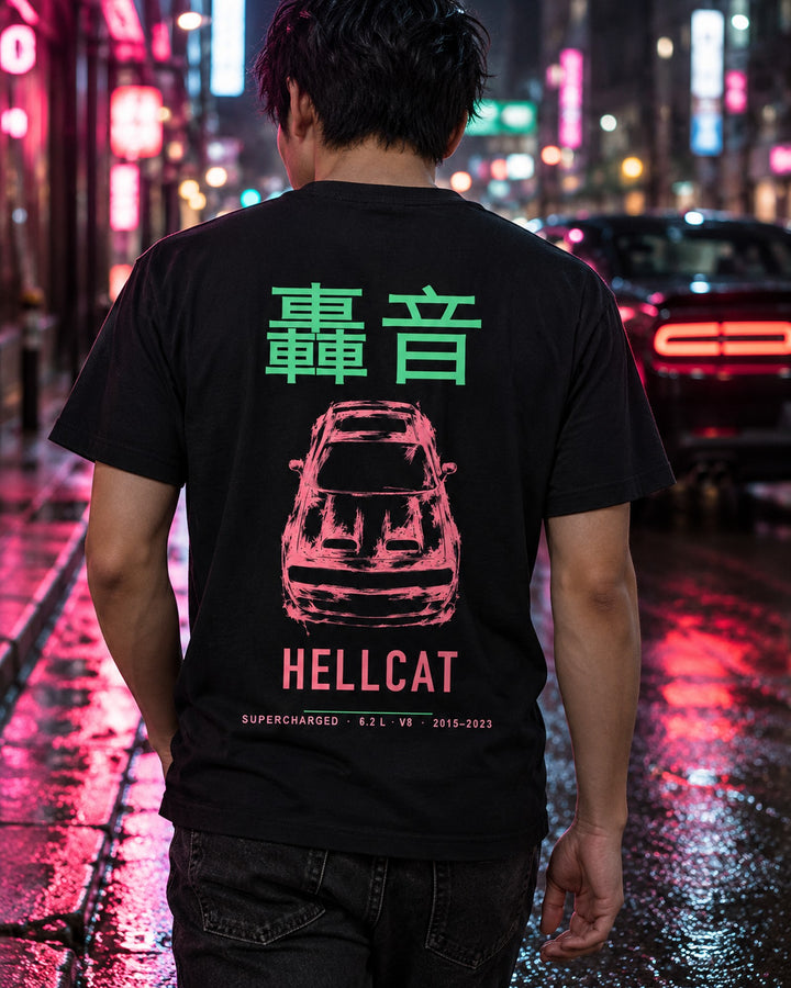 HELLCAT SUPERCHARGED Full-Back Graphic Tee T-Shirt Black worn hero