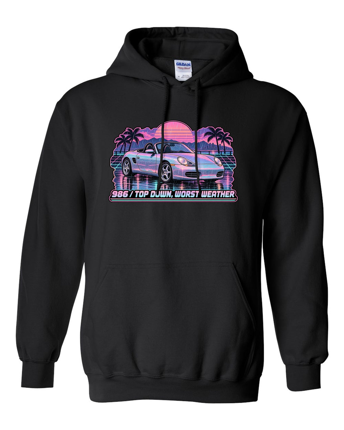 Lo-fi vaporwave Porsche Boxster 986 with the roof down black pull over hoodie front view with the design