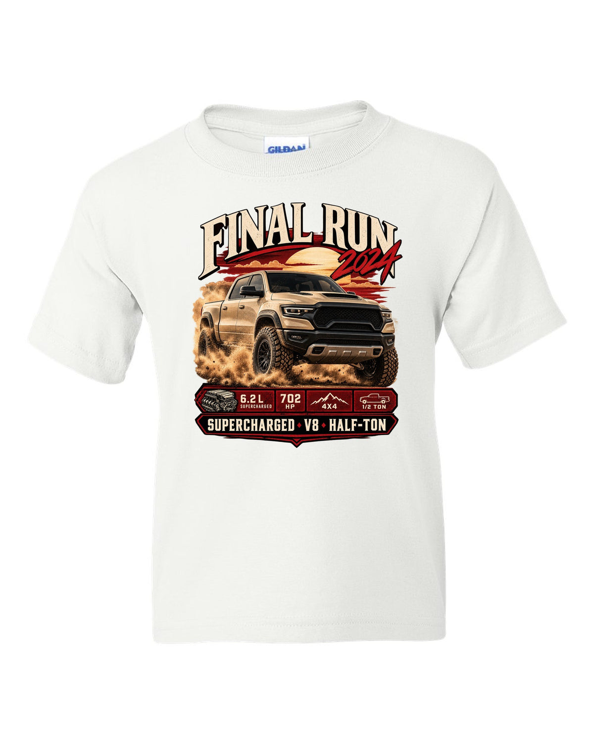 Archive panel print of a 2024 Ram 1500 TRX Final Edition with final run and supercharged V8 text white kids tee front view with the design