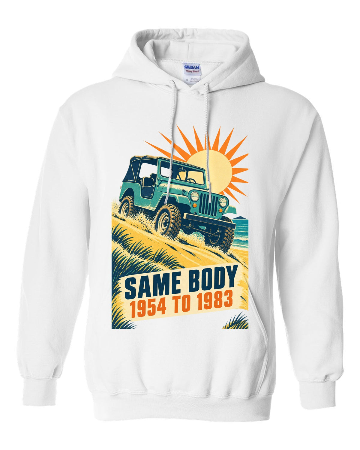 Vintage race poster print of a Jeep CJ-5 climbing a dune white pull over hoodie front view with the design