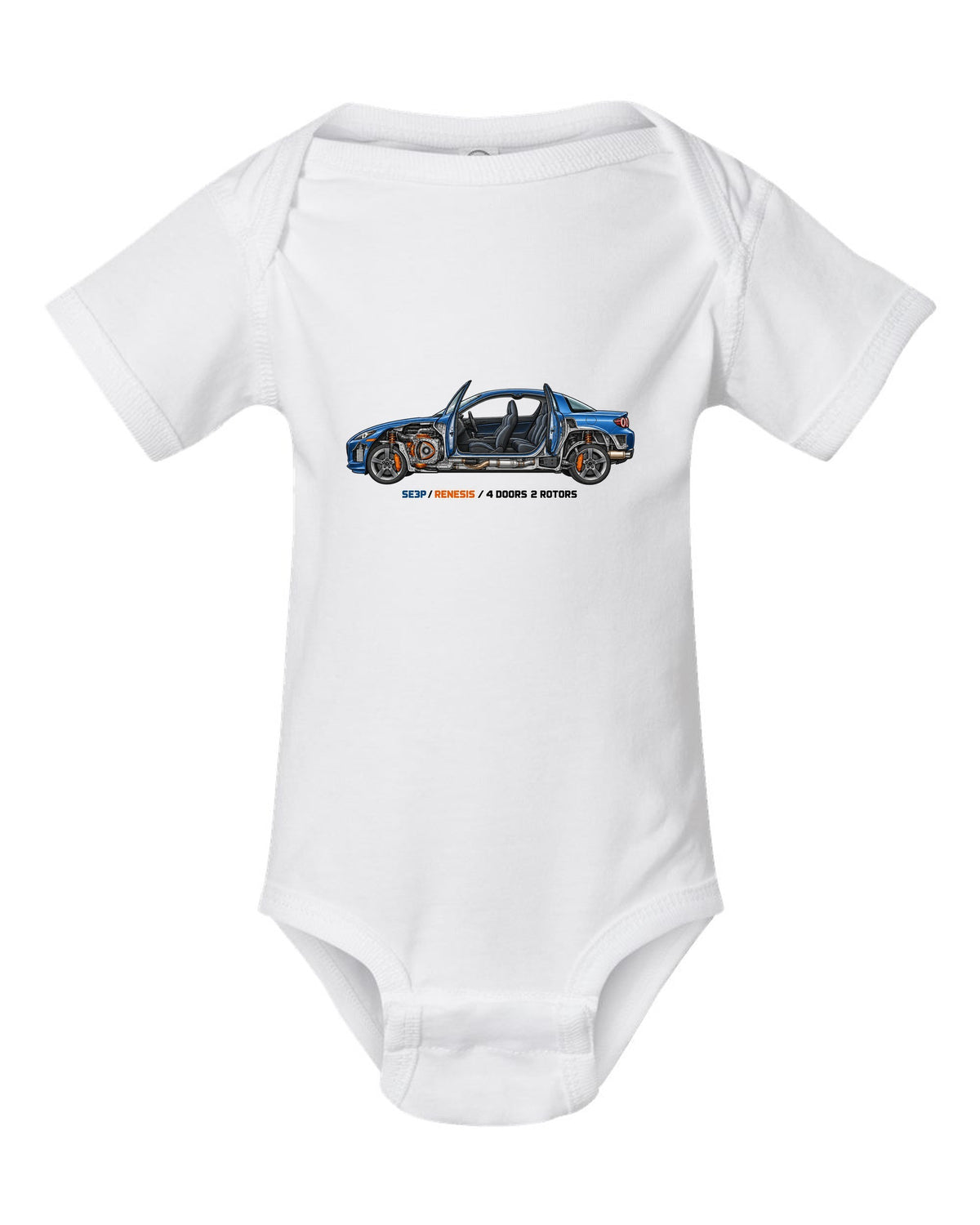 Technical cutaway illustration of the Mazda RX-8 SE3P with RENESIS and 4 DOORS 2 ROTORS lettering white baby onesie front view with the design