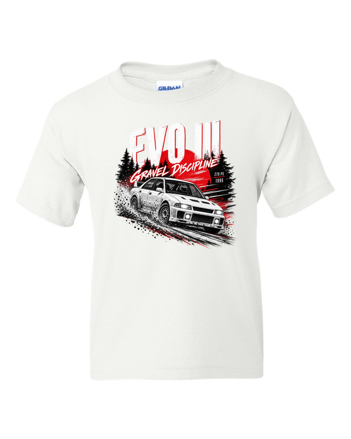Night gravel road print for the Mitsubishi Lancer Evolution III CE9A reading Gravel Discipline, 270 PS, 1995 white kids tee front view with the design
