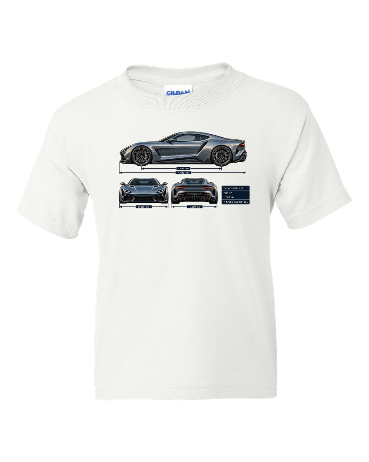 Three-view and spec table print of the Pagani Huayra coupe with 730 hp, 1,000 Nm, seven-speed sequential white kids tee front view with the design