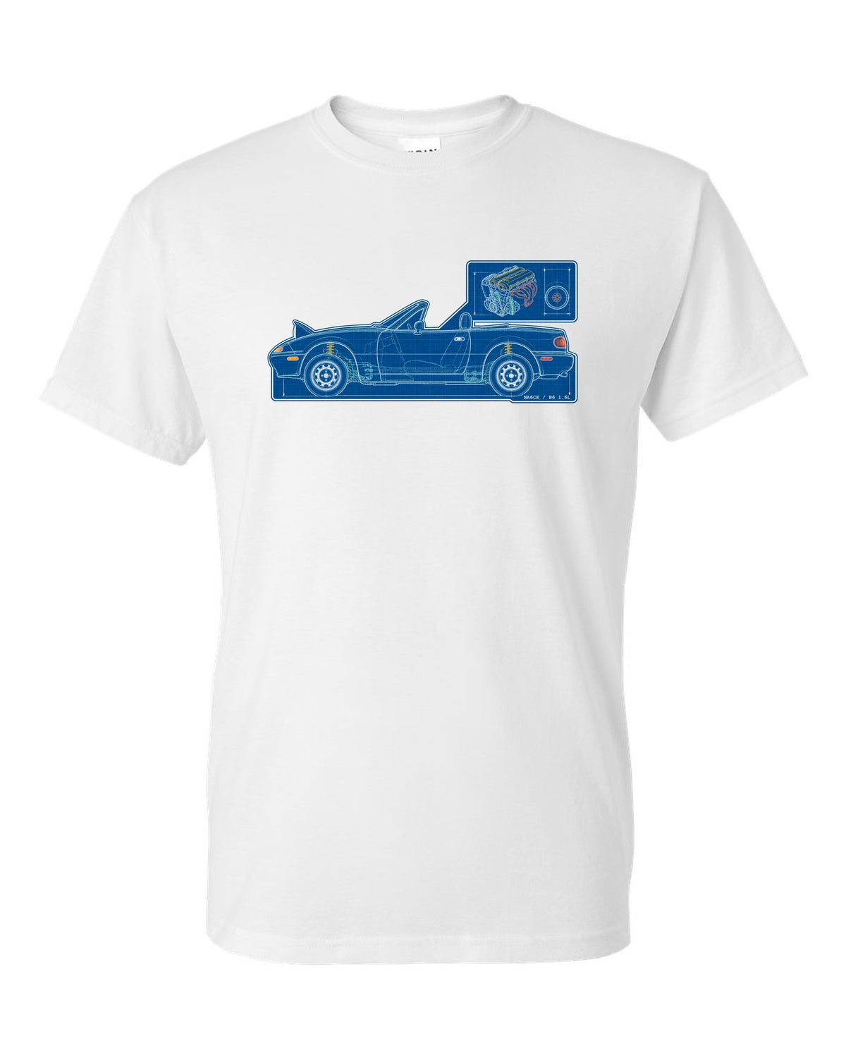 Sticker-bomb collage of a Mazda MX-5 NC rear with MZR 2.0 167 HP text white t-shirt front view with the design