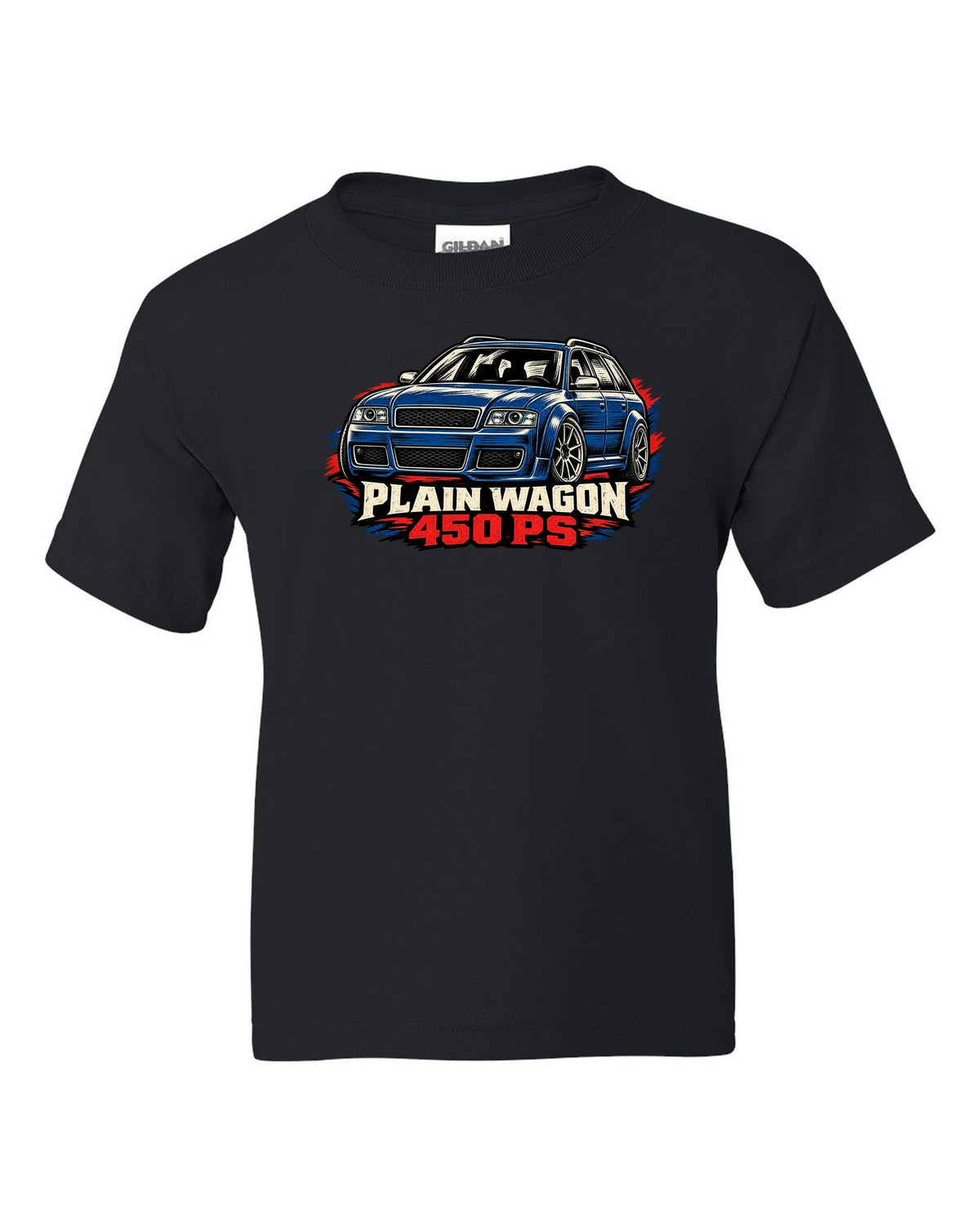 Linocut woodcut design of the Audi RS6 Avant C5 4B with plain wagon and 450 PS lettering black kids tee front view with the design