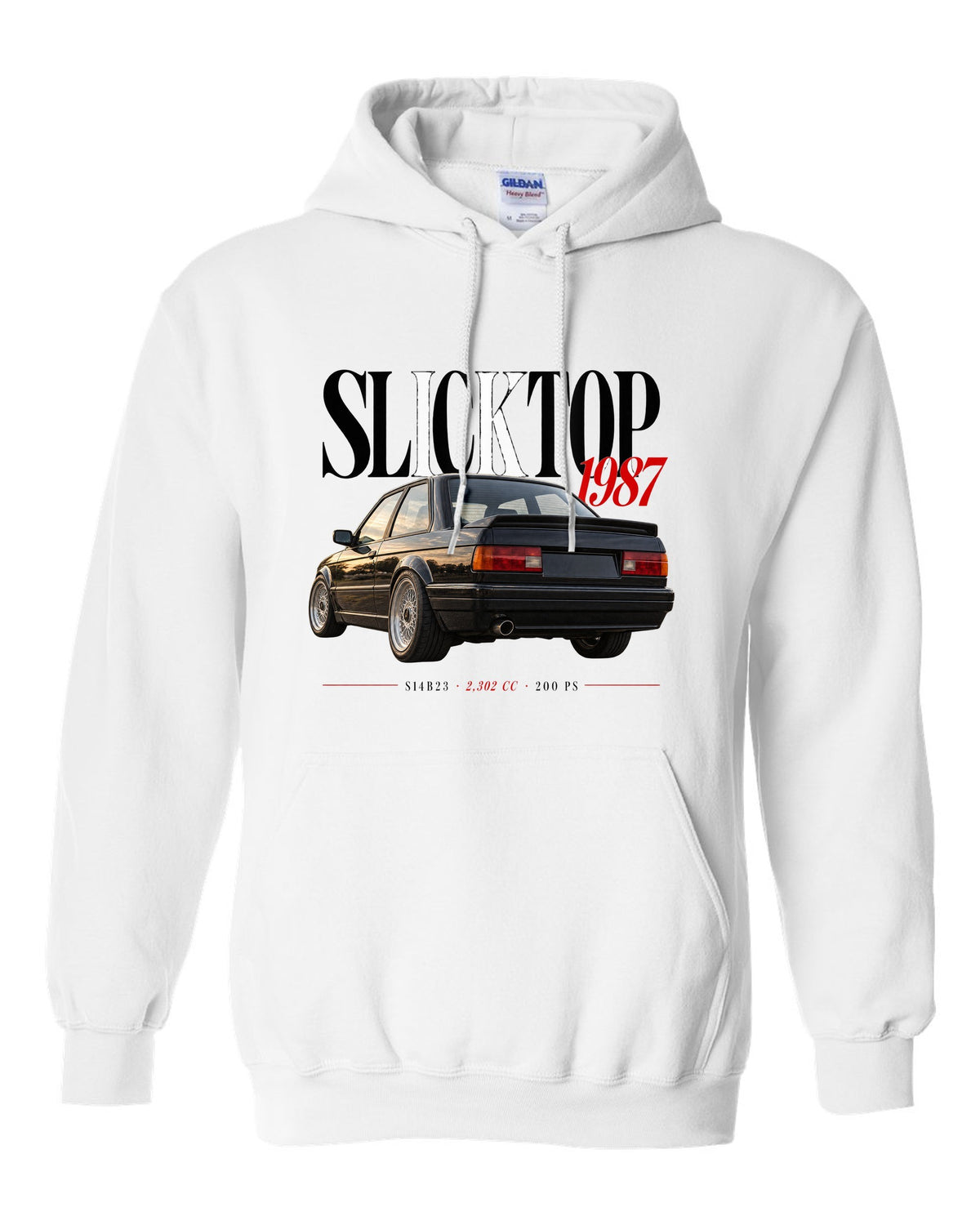 BMW E30 M3 Slicktop 1987 editorial headline print with S14B23 spec text white pull over hoodie front view with the design