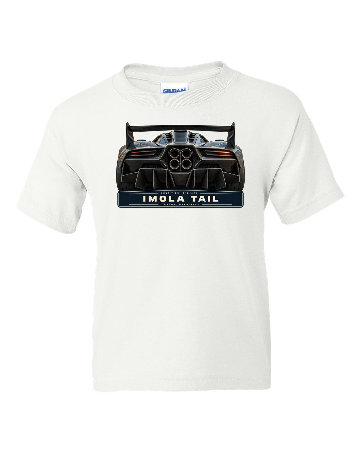 Taillight macro print of the Pagani Huayra Imola with the text four tips, one line, Imola tail, carbon, unpainted white kids tee front view with the design