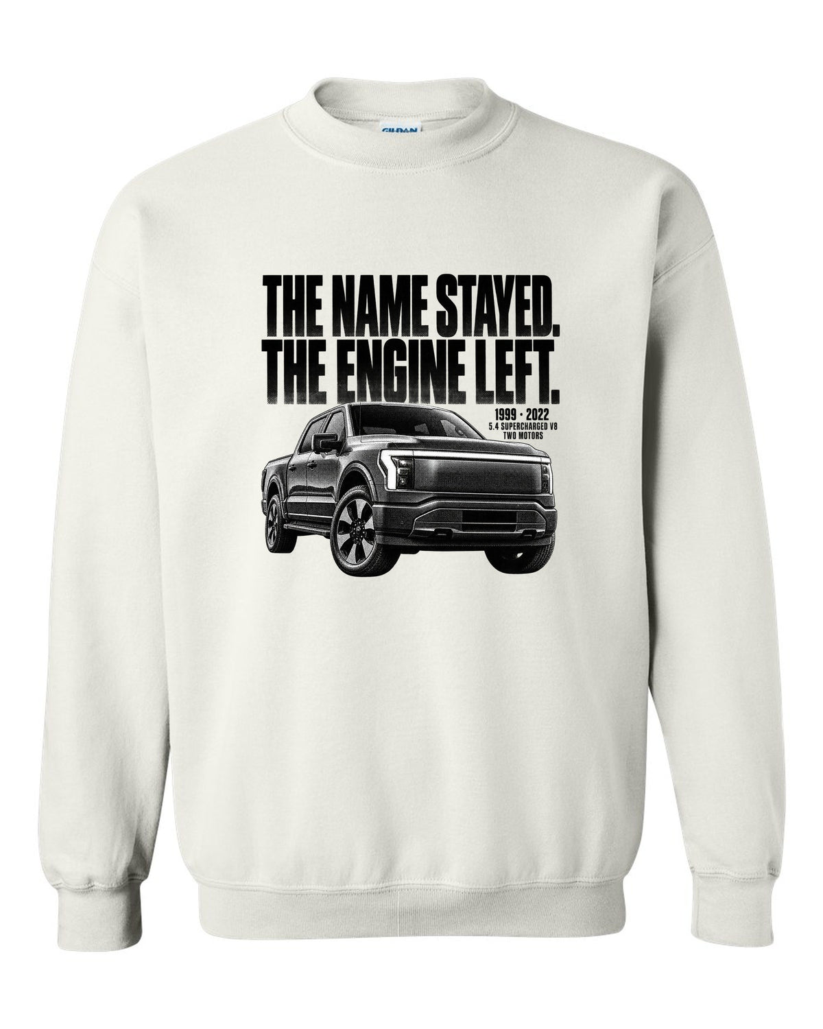 Halftone Ford F-150 Lightning 2022 front three-quarter with 1999 versus 2022 text white crewneck front view with the design