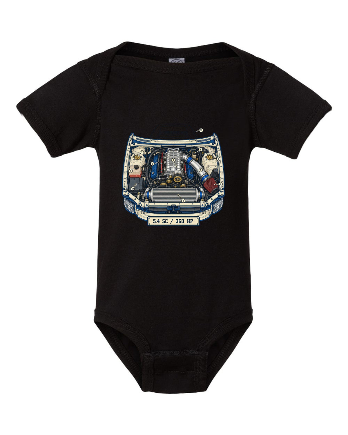Ford F-150 SVT Lightning second generation as a patent-style technical drawing black baby onesie front view with the design