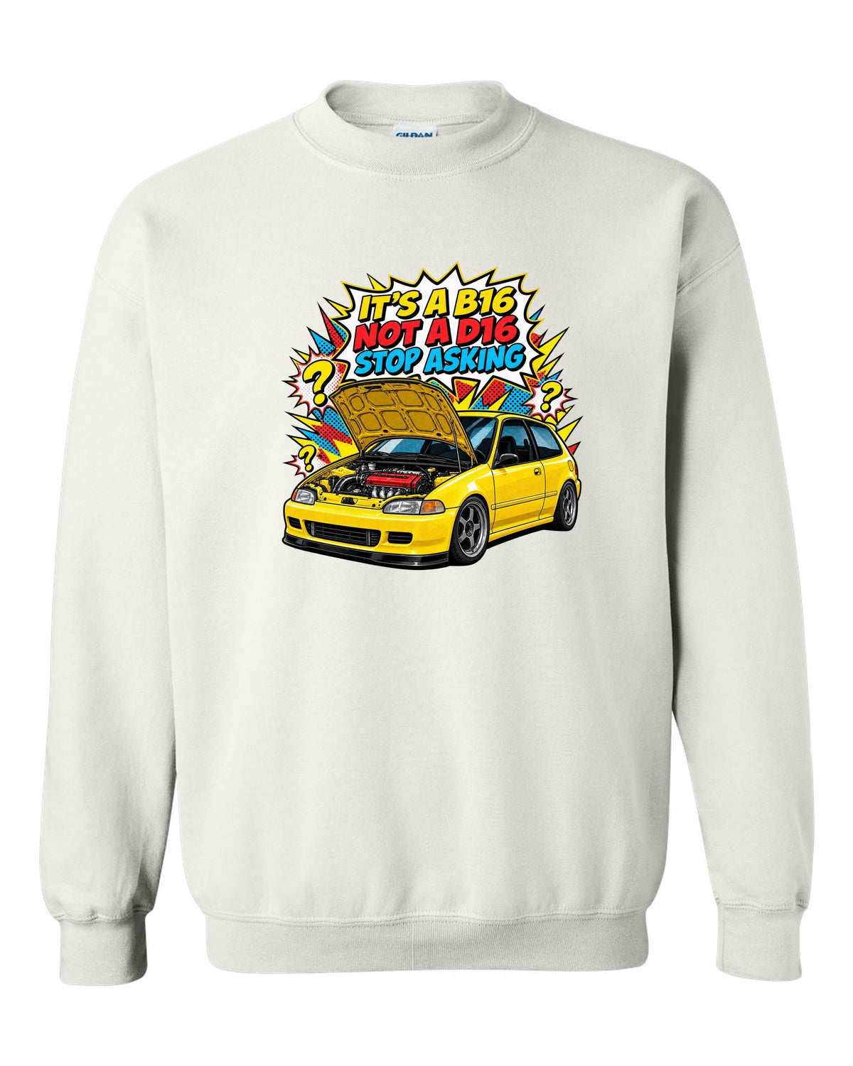 Comic action burst print of a 1992 Honda Civic EG6 ch with it's a B16 not a D16 text white crewneck front view with the design