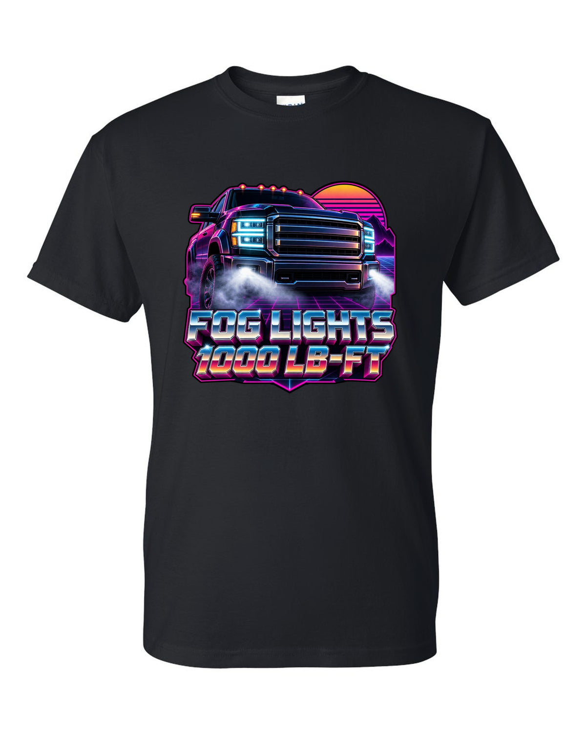 Neon synthwave grid print of a 2019-2024 Ram HD 2500 with the 6.7 HO and 1000 lb-ft text black t-shirt front view with the design