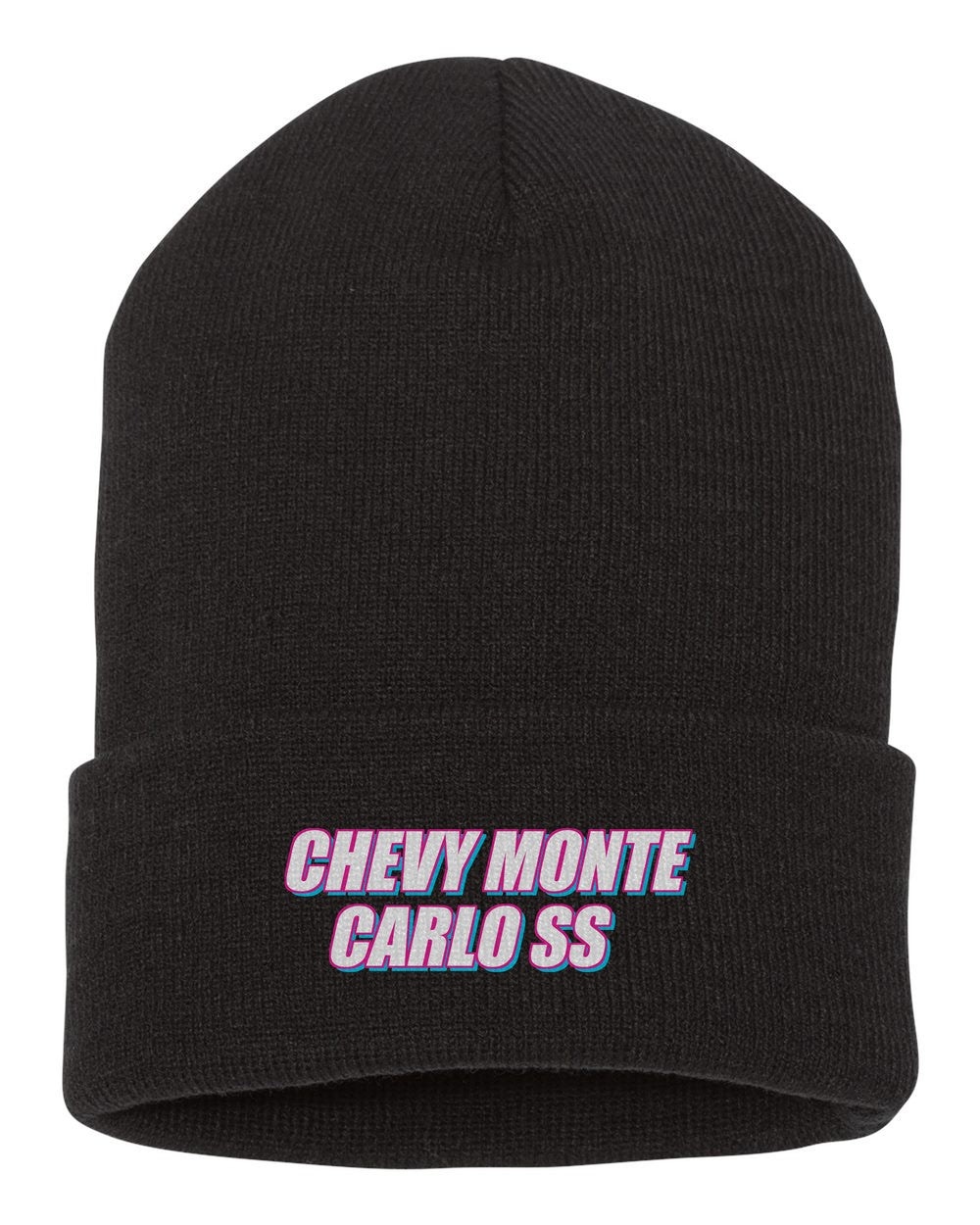 Chevy Monte Carlo Ss black beanie front view with car name