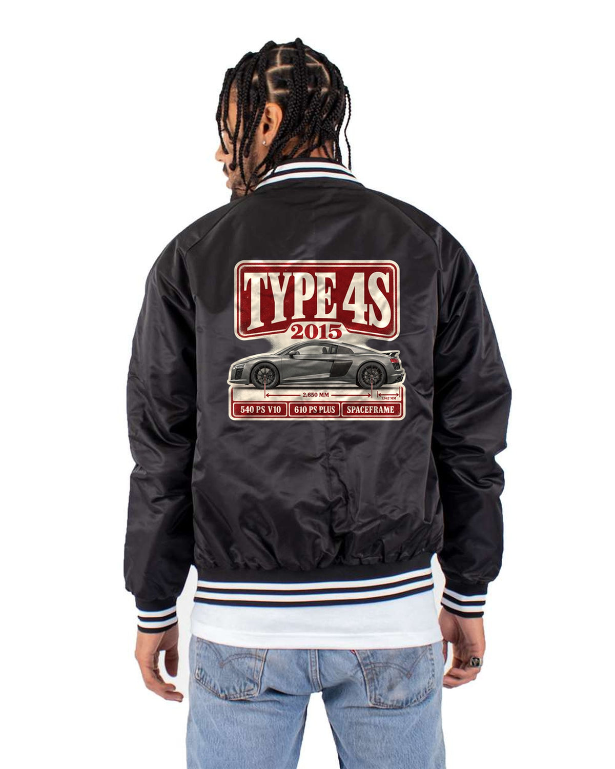 Audi R8 V10 Type 4S Archive Panel Shirt, 2015 Launch Specs Tee Bomber Jacket Black back