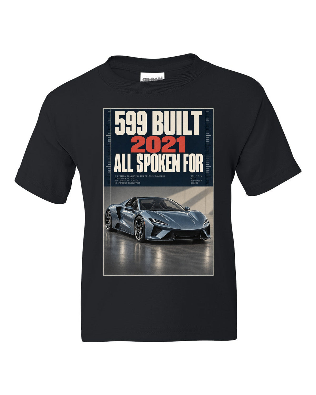 Halftone print of the Ferrari Daytona SP3 on a tee black kids tee front view with the design