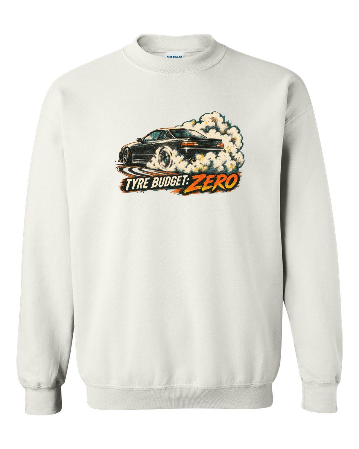 Distressed screenprint print of a 1999 Nissan Silvia S15 with Tyre Budget Zero lettering white crewneck front view with the design