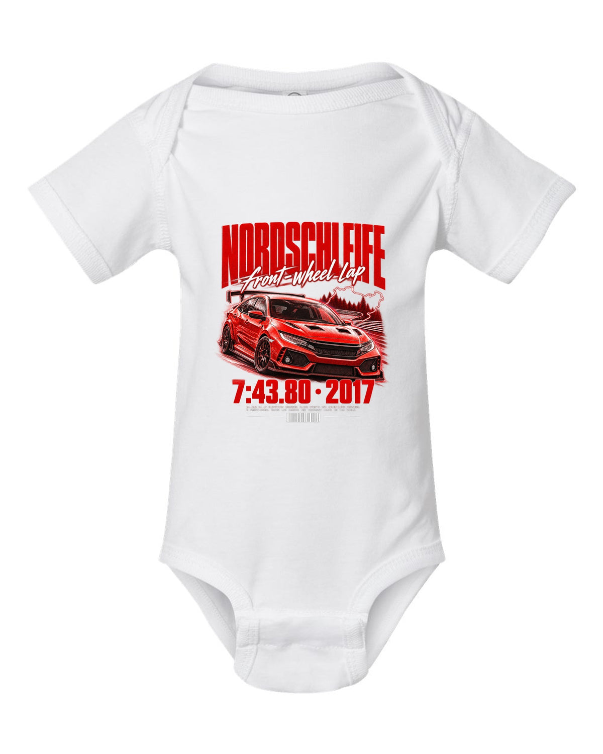 Honda Civic FK8 chback street poster with Nordschleife front-wheel lap time 7:43.80 white baby onesie front view with the design