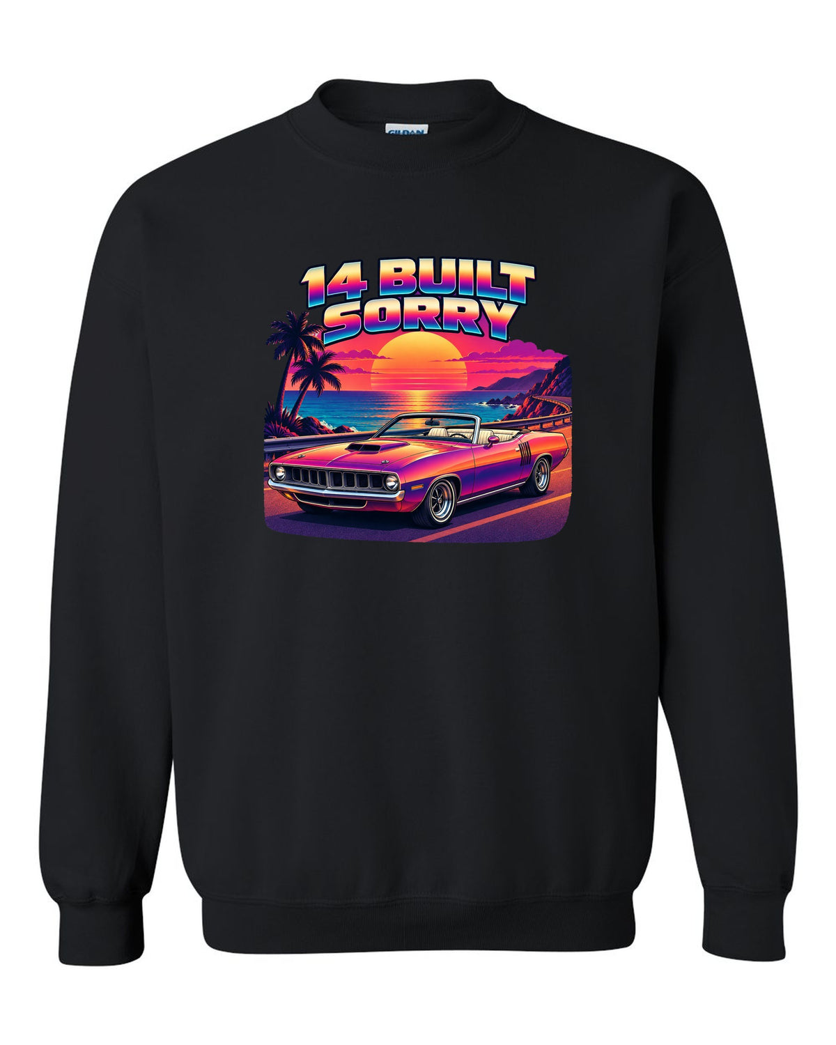Sunset gradient synth vector print of a 1970 Plymouth Hemi 'Cuda convertible with 14 built text black crewneck front view with the design
