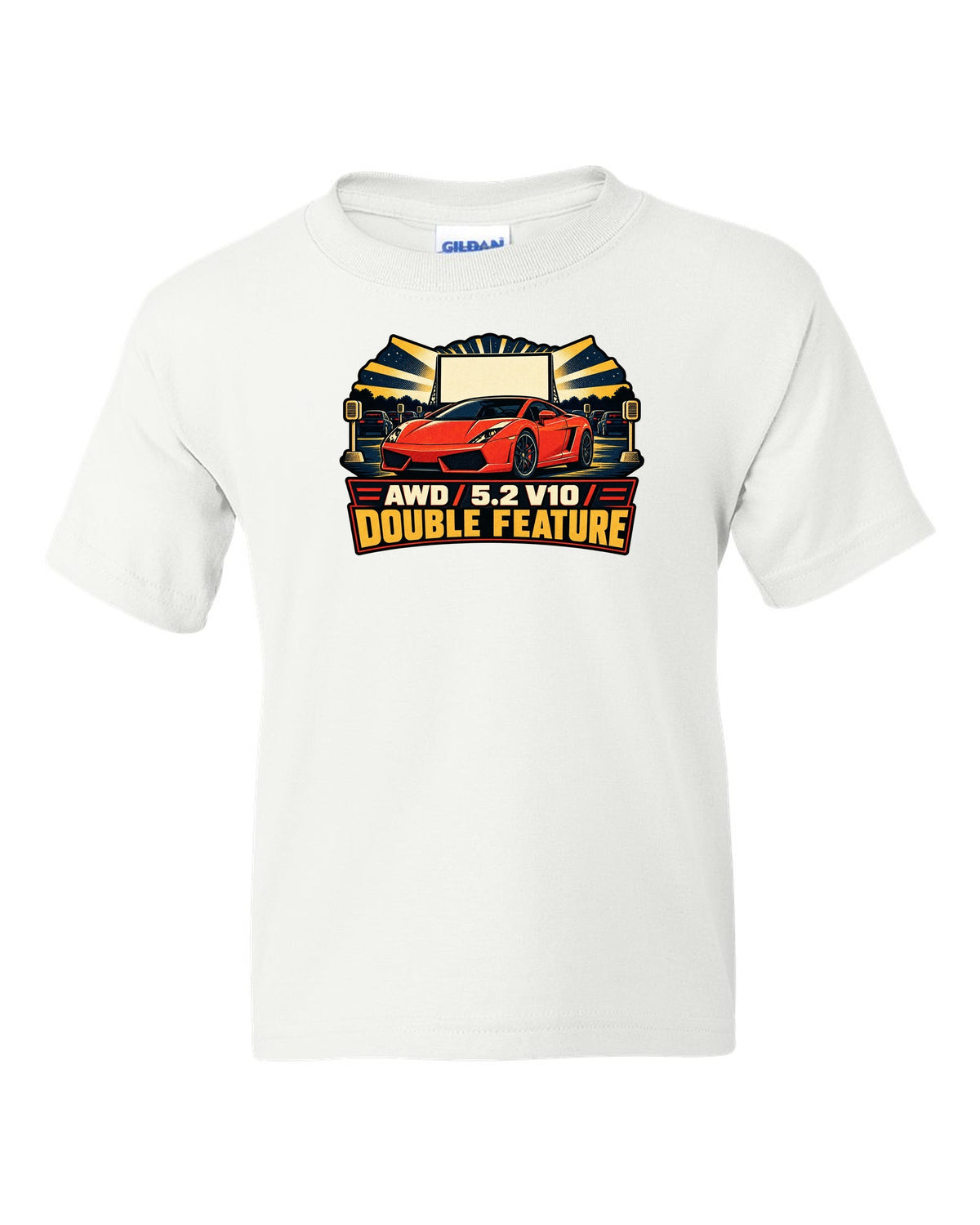 Vintage race poster style design of a Lamborghini Gallardo LP560-4 with AWD and V10 text white kids tee front view with the design