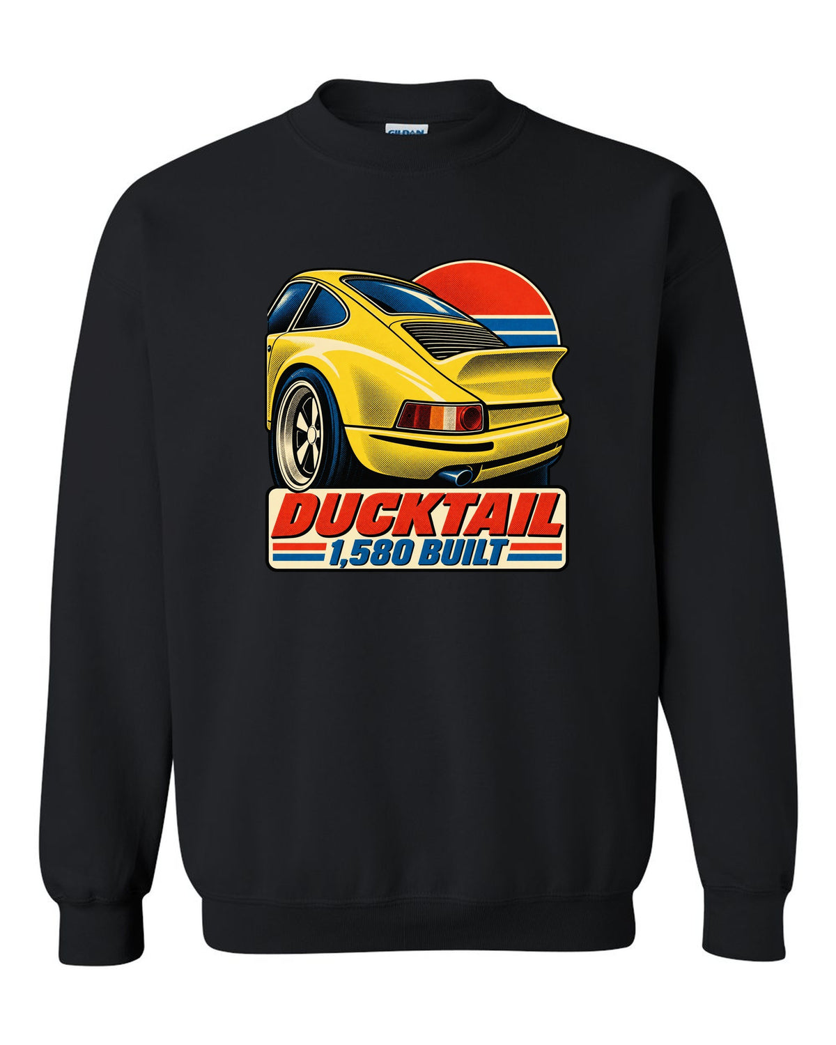 Vintage lithograph poster of the Porsche 911 Carrera RS 2.7 ducktail black crewneck front view with the design
