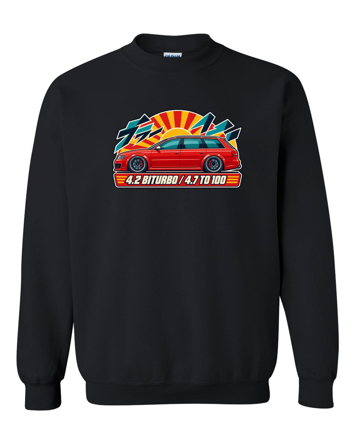 Retro Japanese catalogue ad style print of an Audi RS6 Avant C5 with 4.2 biturbo text black crewneck front view with the design