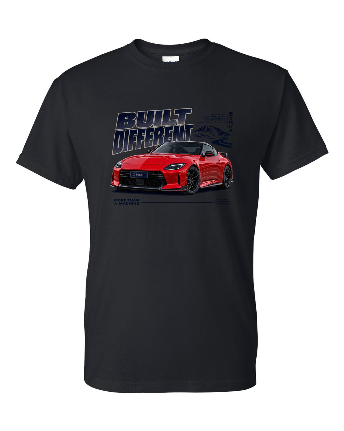Dossier panels for a 2024 Nissan Z NISMO RZ34 in graphite and rust black t-shirt front view with the design