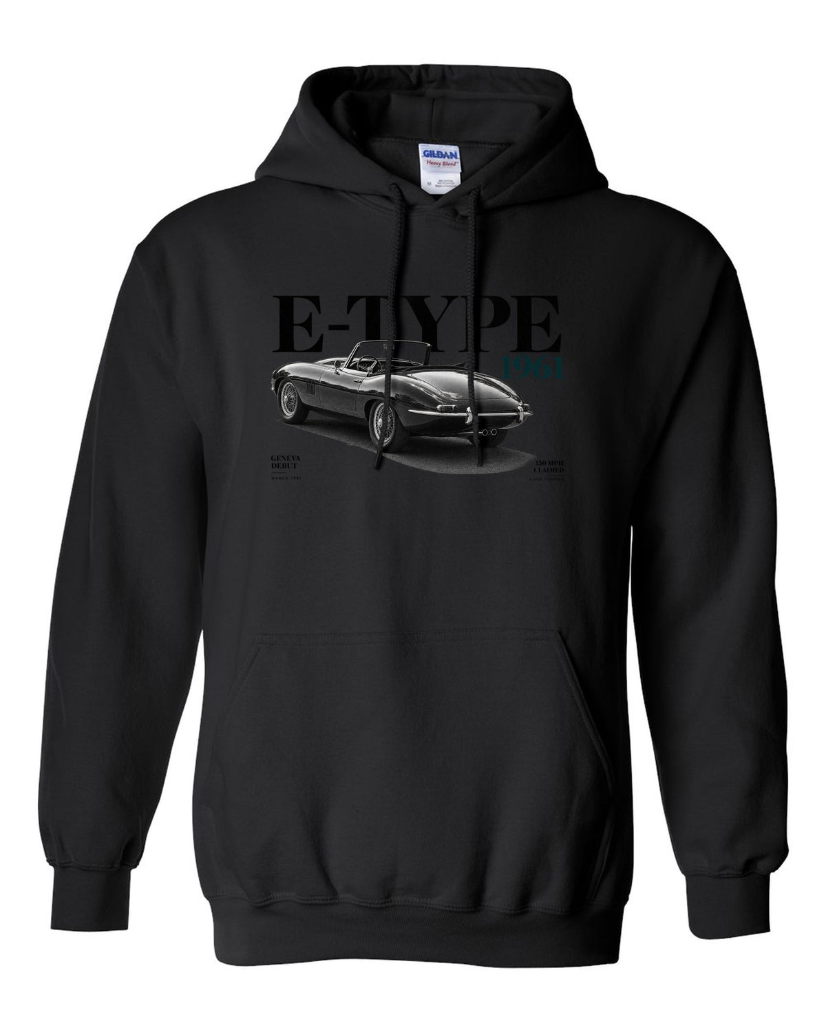 Jaguar E-Type roadster 1961 Geneva debut editorial poster black pull over hoodie front view with the design