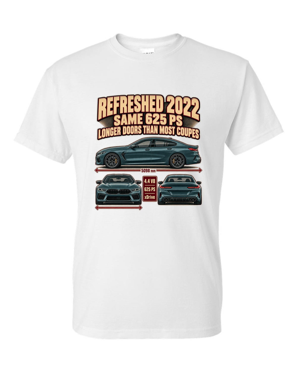 BMW M8 Competition Gran Coupe F93 2022 three-view print on a tee white t-shirt front view with the design