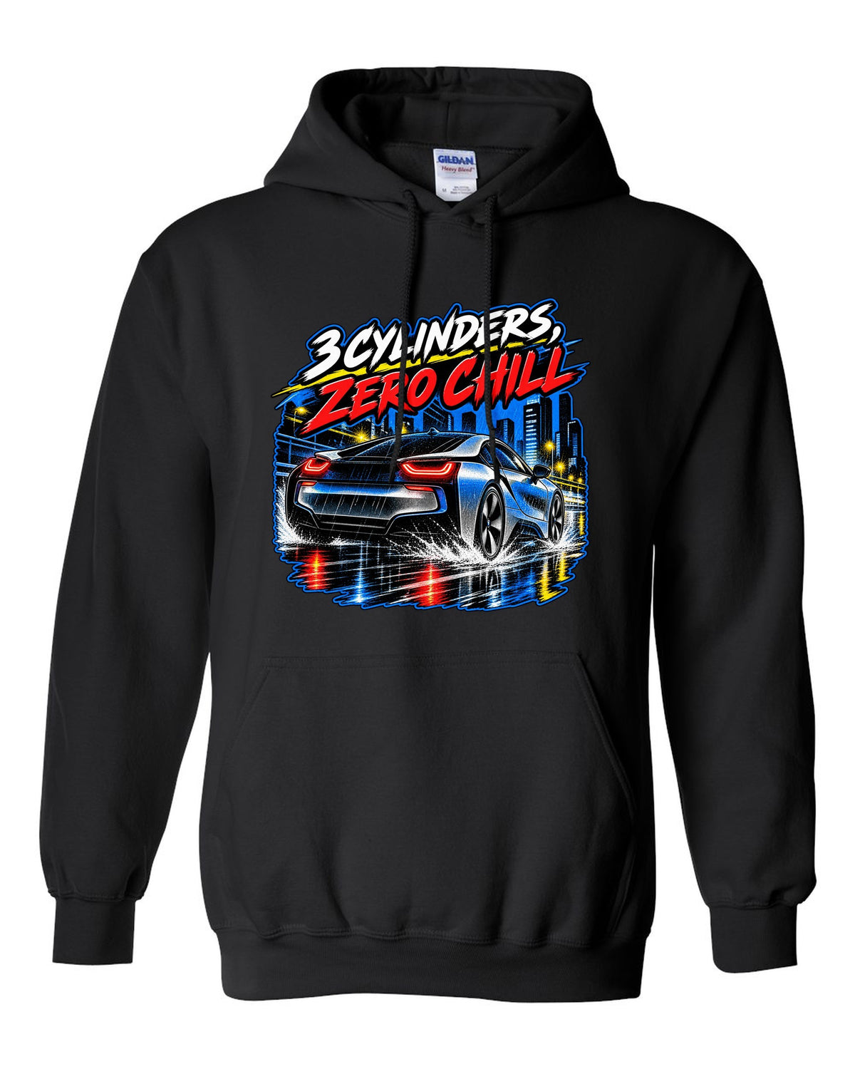 BMW i8 I12 retro manga halftone panel print with 3 cylinders zero chill text black pull over hoodie front view with the design