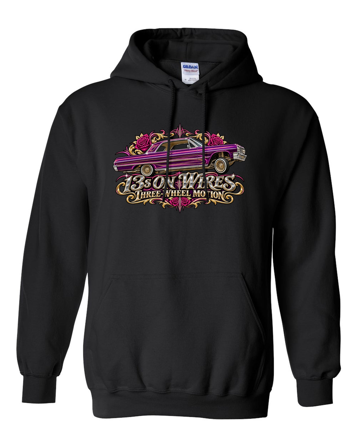 1964 Chevrolet Impala SS lowrider in airbrush style with text 13s on Wires Three-Wheel Motion black pull over hoodie front view with the design