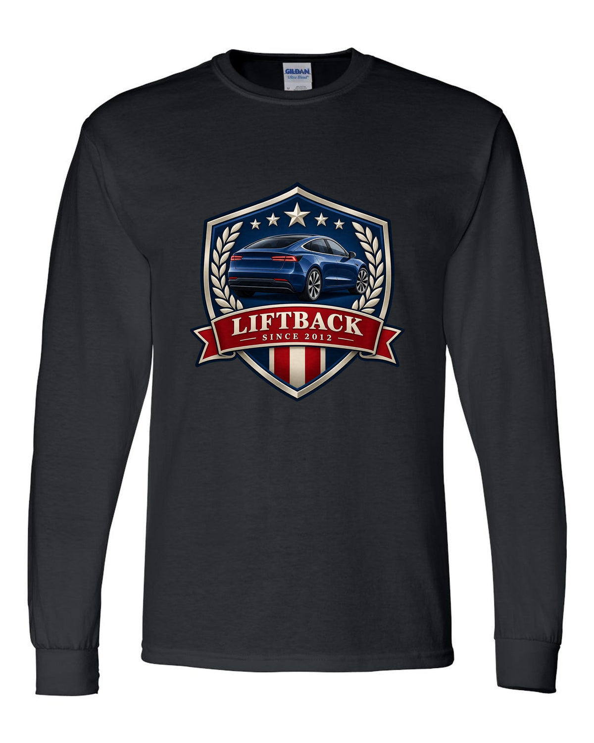 Original shield crest design of a 2021 Tesla Model S Plaid with the words Liftback Since 2012 black long sleeve front view with the design