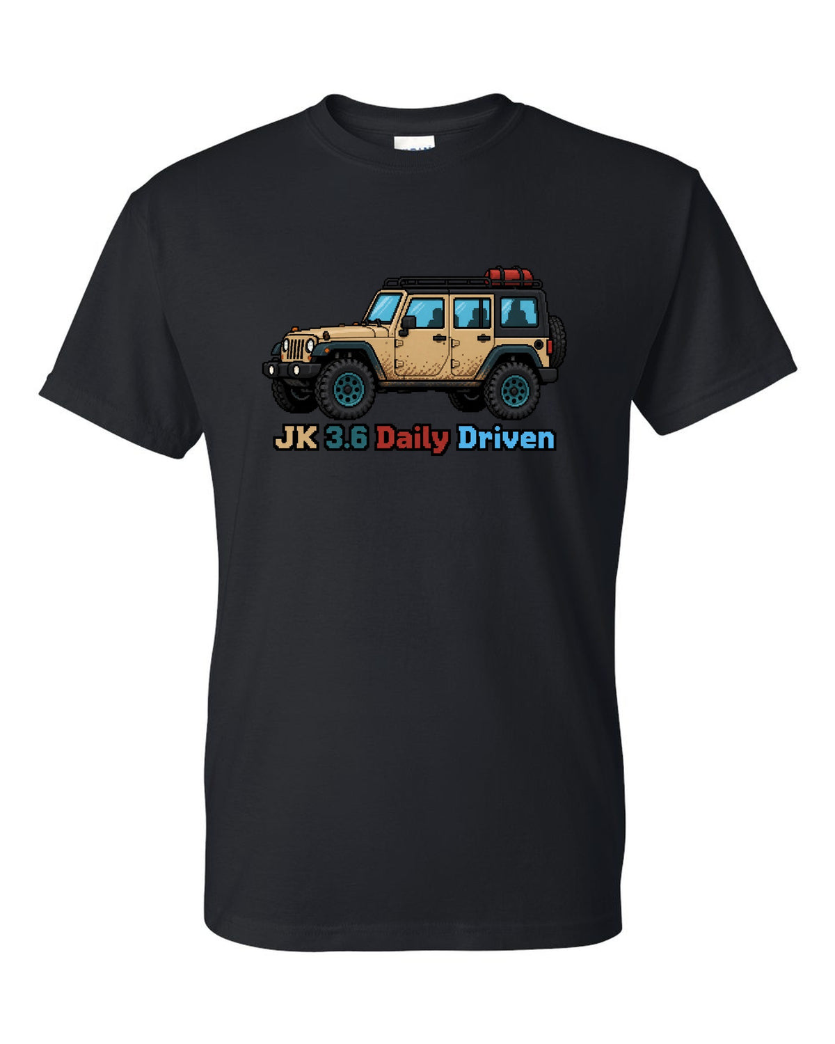 Jeep Wrangler JK 16-bit pixel art design with JK 3.6 daily driven text black t-shirt front view with the design