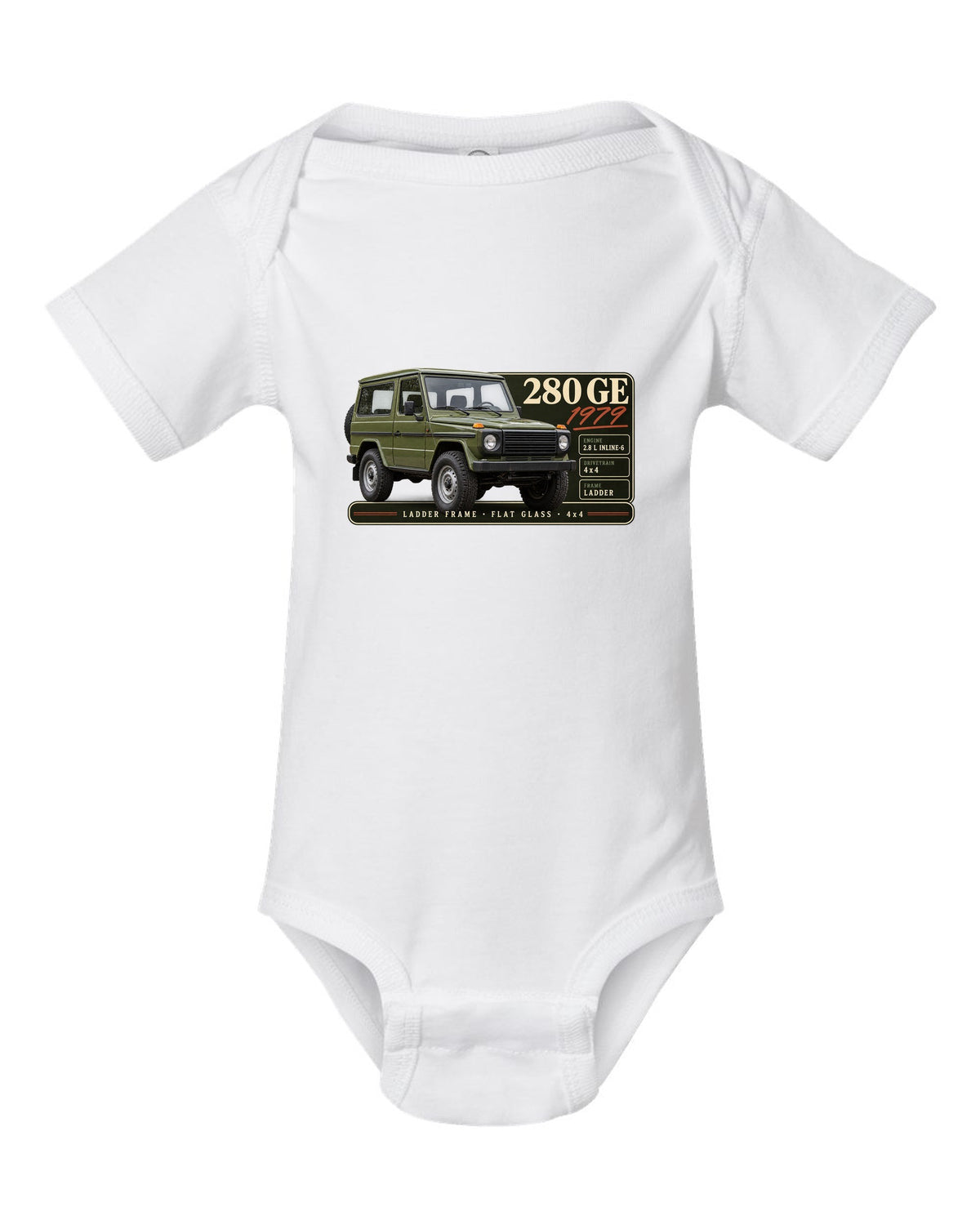 Archive panel print of a 1979 Mercedes 280 GE W460 with ladder frame, flat glass and 4x4 lettering white baby onesie front view with the design