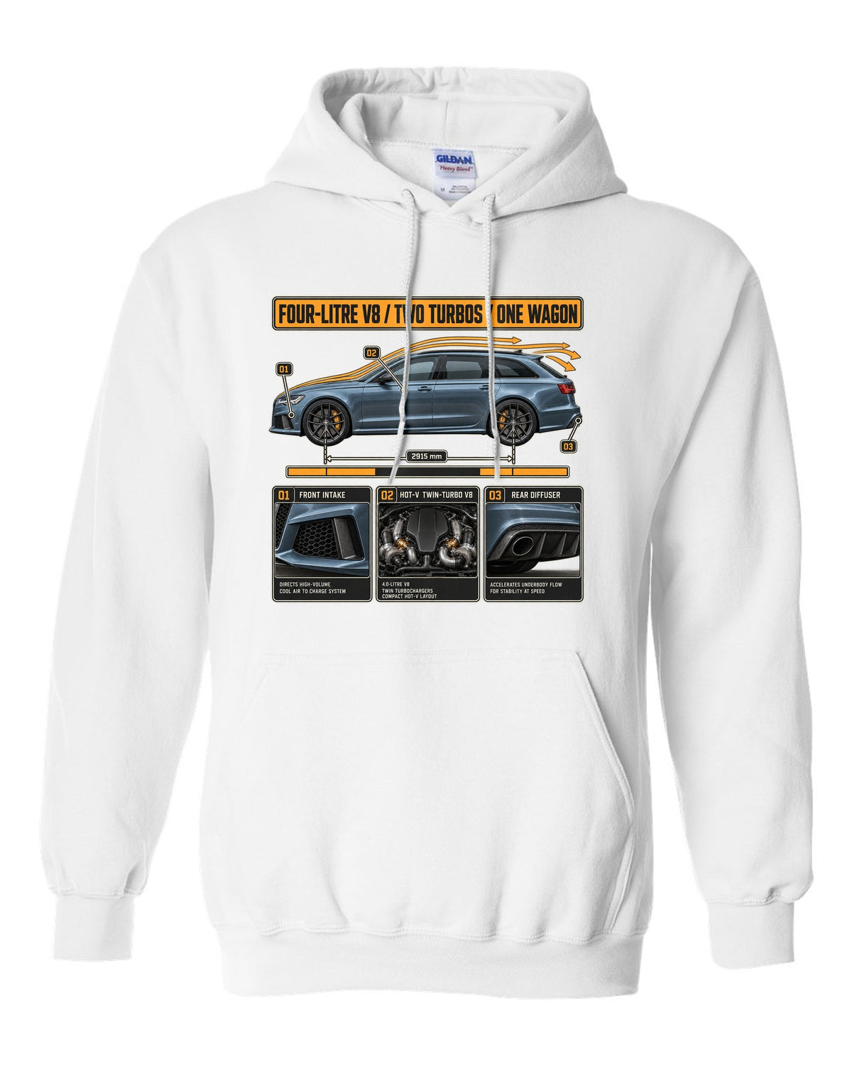 Audi RS6 Avant C7 steel blue aero cutaway callouts print white pull over hoodie front view with the design