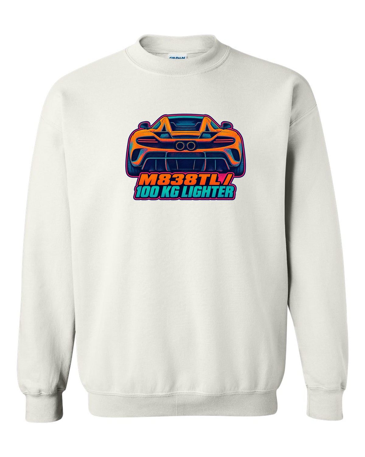 Risograph spot colour print of the McLaren 675LT flying buttress with M838TL and 100 kg Lighter lettering white crewneck front view with the design