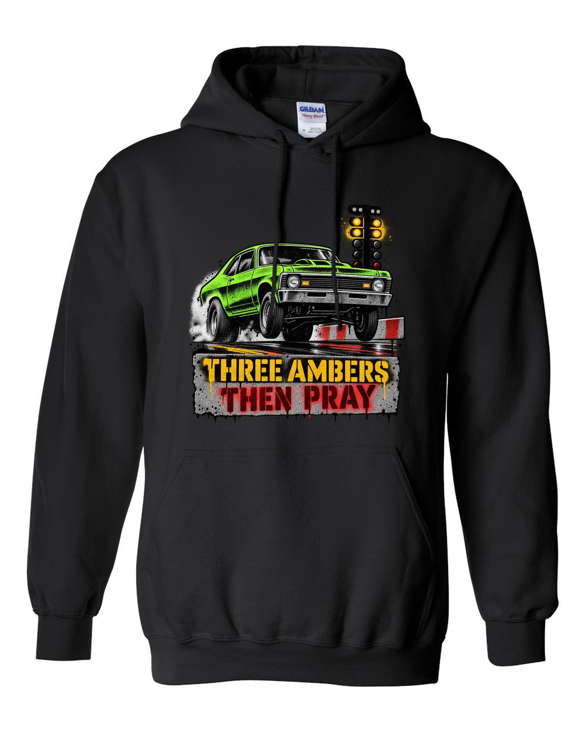 Stencil spray street art of a 1971 Chevrolet Nova at the drag strip starting line black pull over hoodie front view with the design