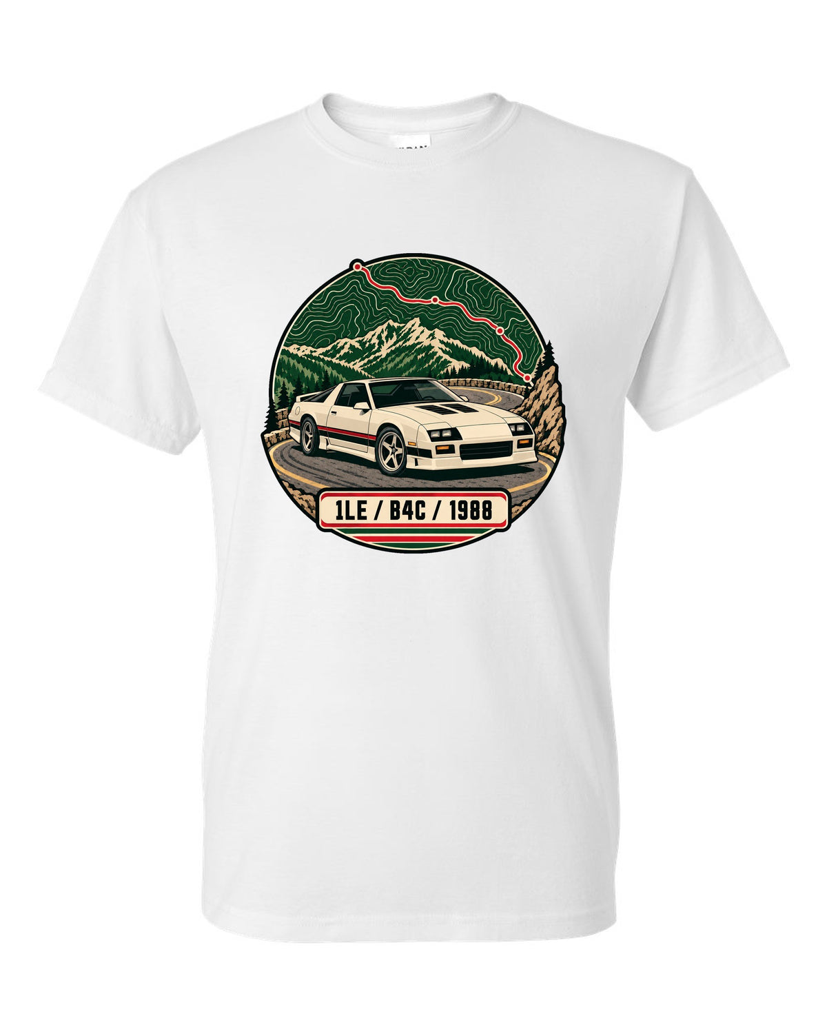 1988 Chevrolet Camaro 1LE topographic route map print with 1LE B4C 1988 text white t-shirt front view with the design