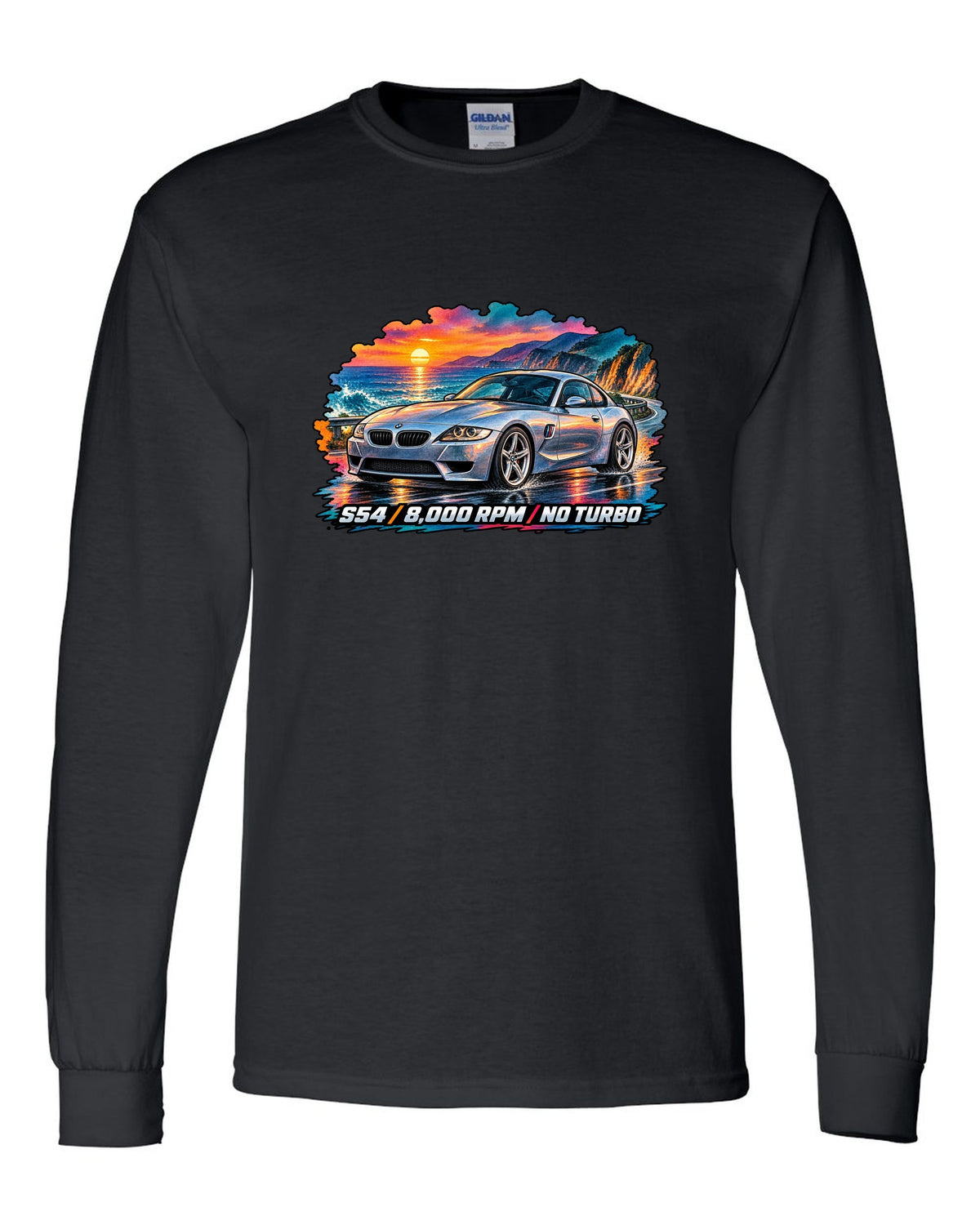 BMW Z3 M Coupe 16-bit pixel art print with Clown Shoe 3.2 text black long sleeve front view with the design