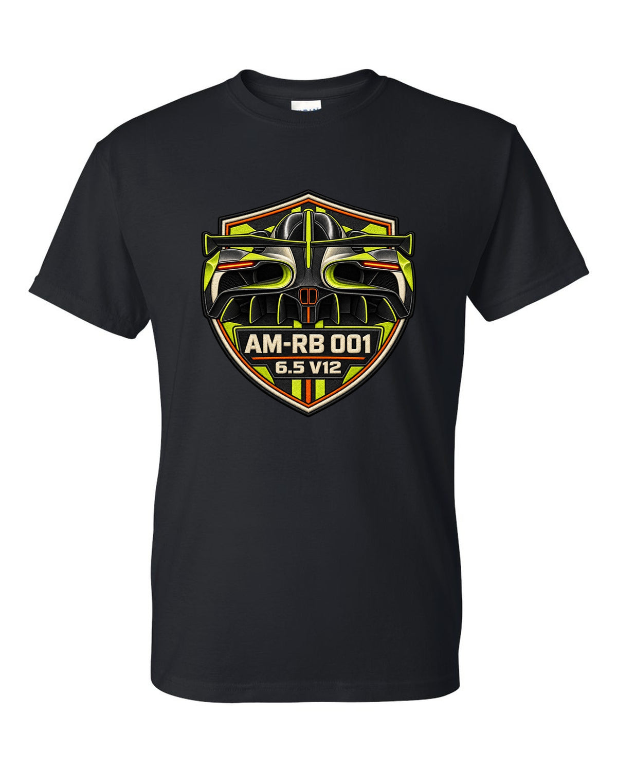 Varsity embroidery-style tunnel print of the 2021 Aston Martin Valkyrie with AM-RB 001 and 6.5 V12 lettering black t-shirt front view with the design