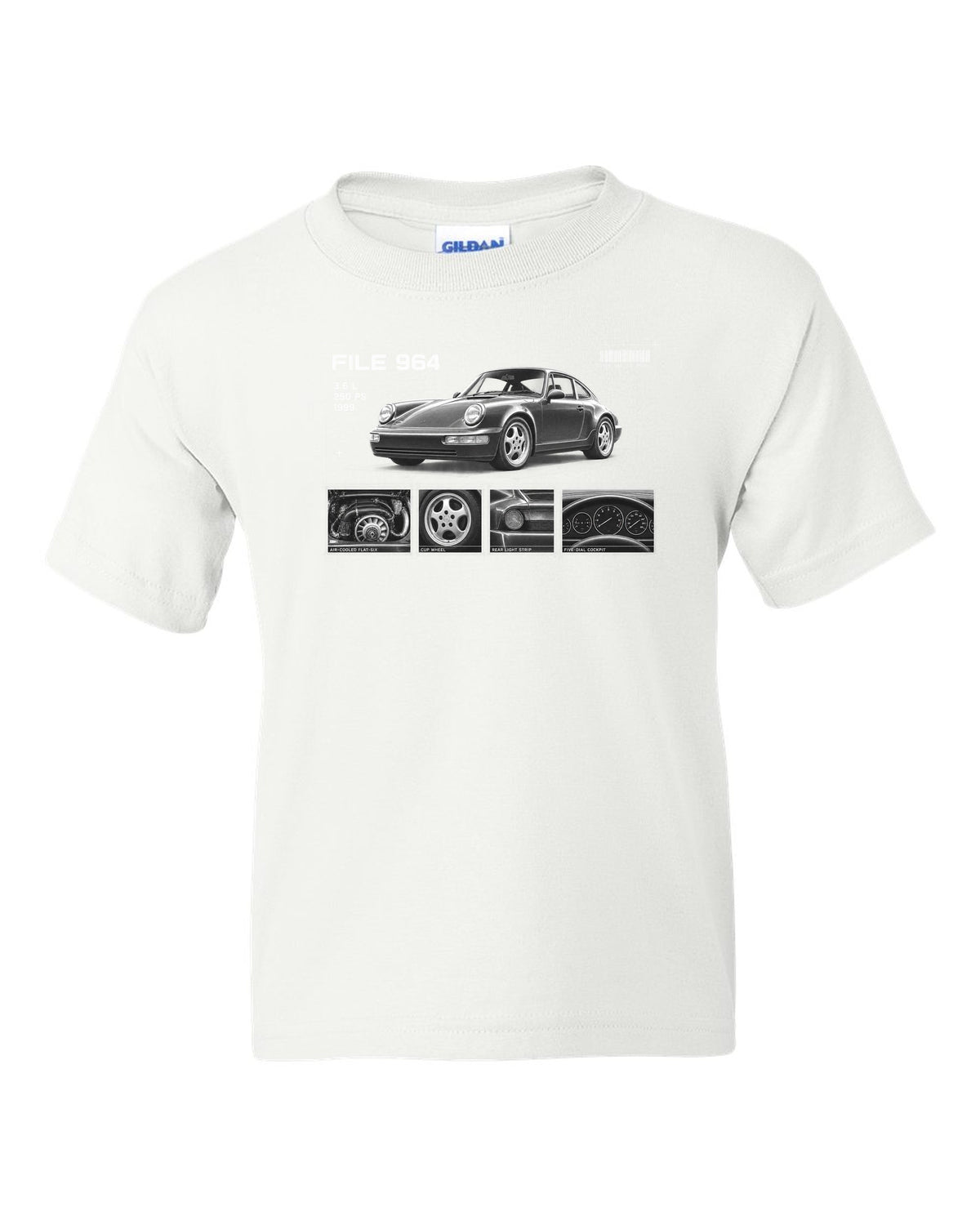 Dossier panel print of a Porsche 911 964 Carrera 2 with File 964 3.6 L 250 PS lettering white kids tee front view with the design
